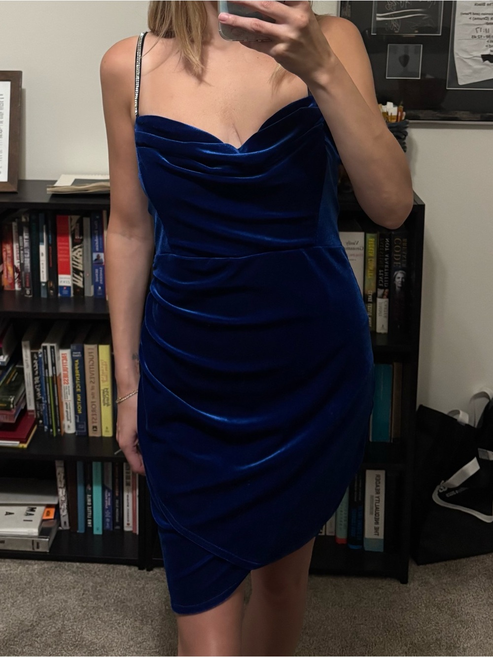 American Threads Royal Blue Velvet Cowl Mini Dress with sequin straps